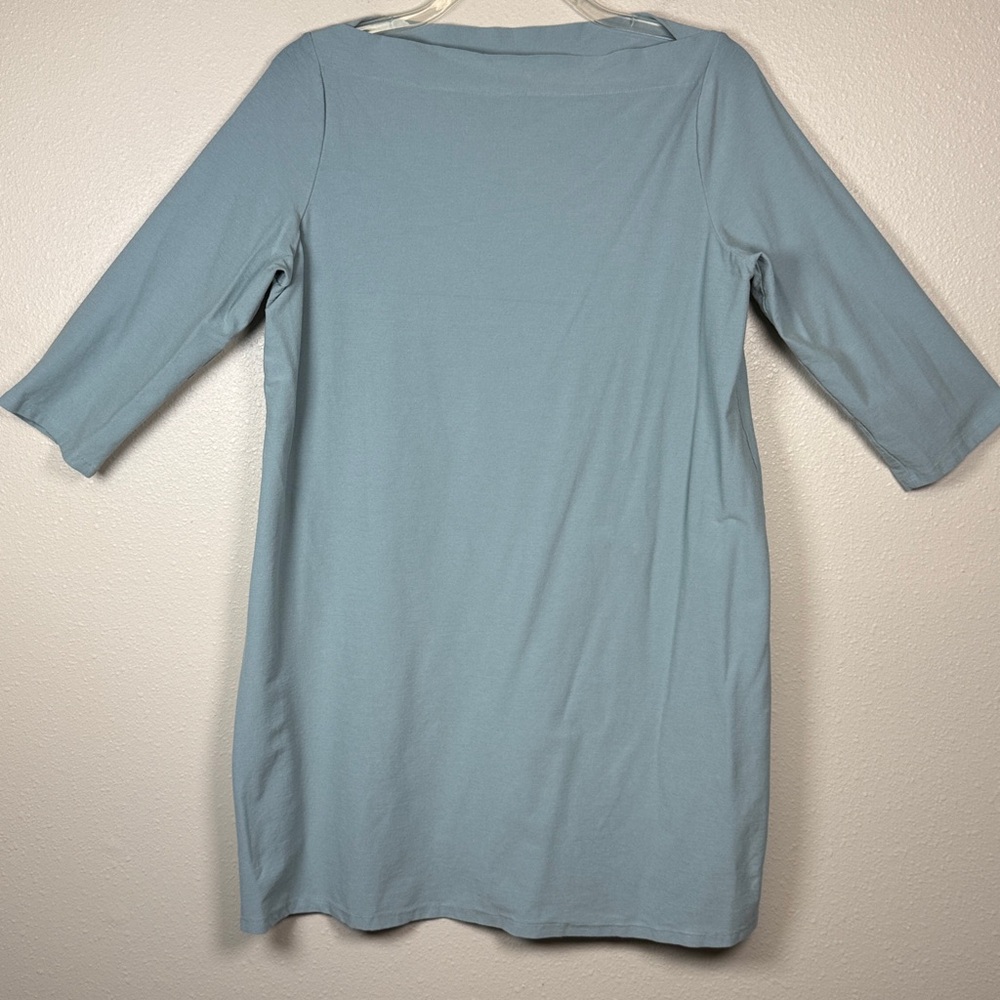 Eileen Fisher Washable Stretch Crepe Shift Dress L Boat Neck Viscose 3/4 Sleeves - Picture 3 of 10